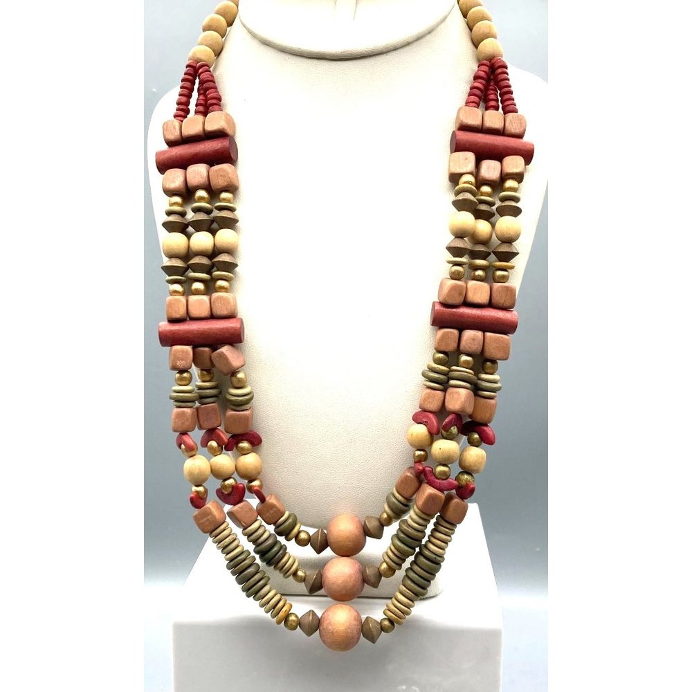 Muted Multi Strand Drape Necklace with Boho Wood Beads in Different Shapes